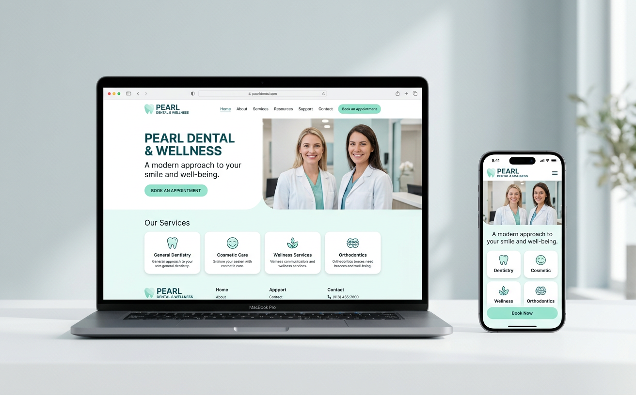 Mockup de um site conceitual de clínica odontológica e bem-estar em laptop e celular, com paleta branca e verde-água
