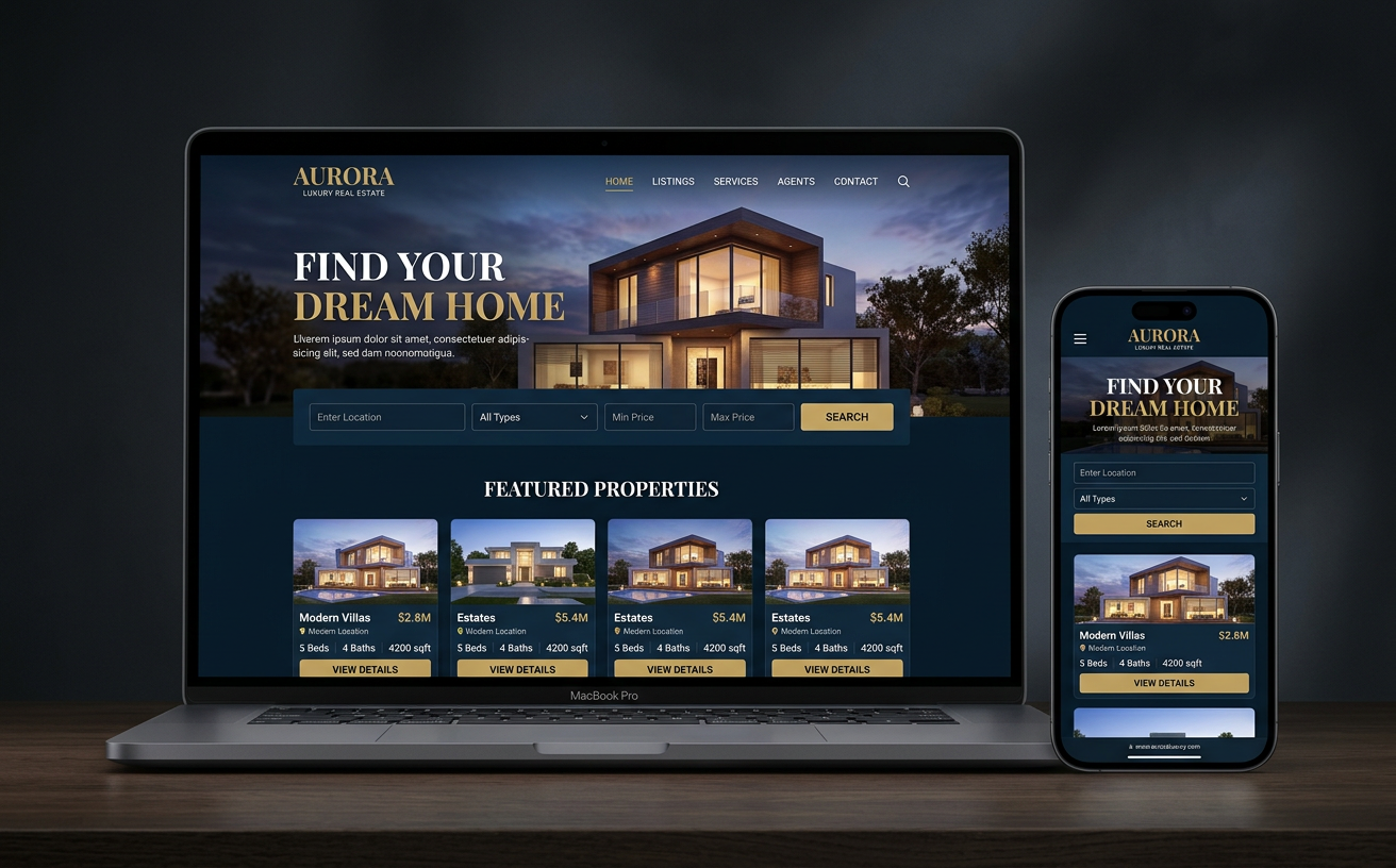 Mockup de um site conceitual de imobiliária em laptop e celular, com paleta azul-marinho e dourado