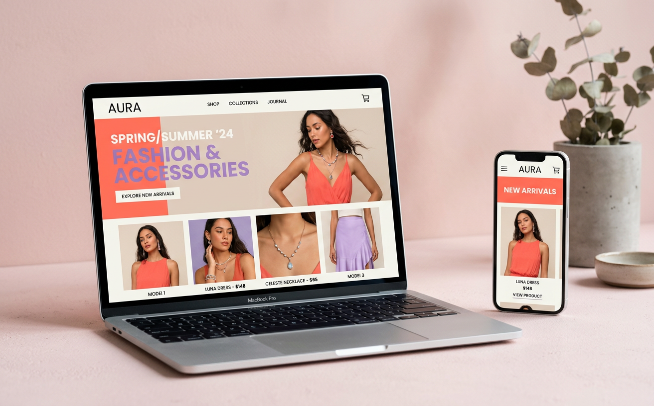 Mockup de um site conceitual de loja de moda e acessórios em laptop e celular, com paleta coral e lilás