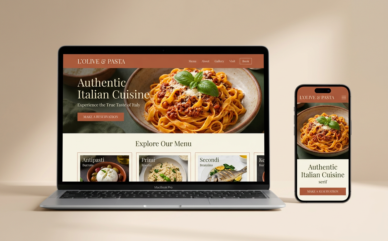 Mockup de um site conceitual de restaurante italiano em laptop e celular, com paleta terracota, creme e verde