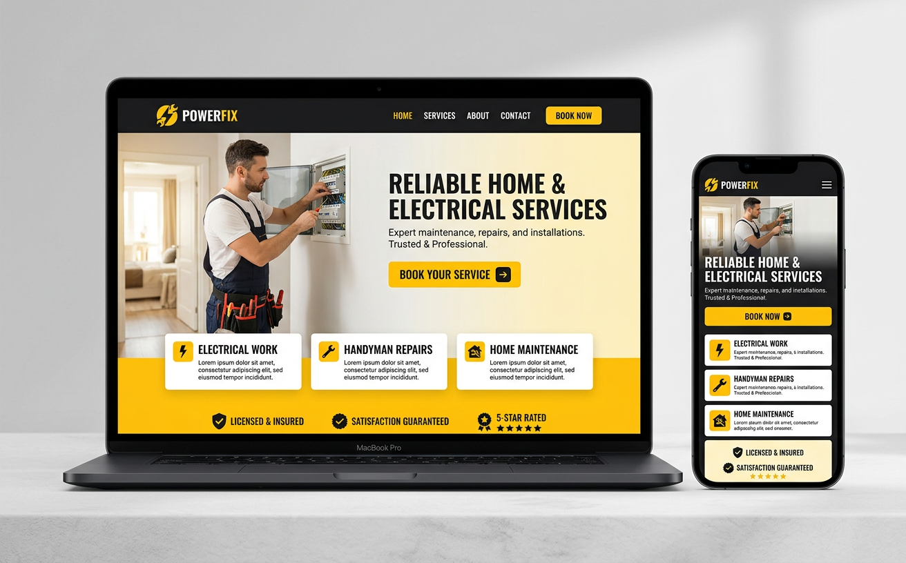 Mockup de uma landing page conceitual de serviços elétricos e manutenção residencial em laptop e celular, com paleta amarela e grafite